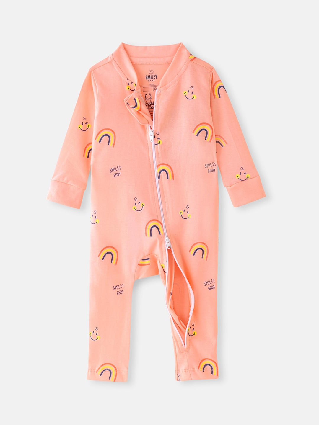 

Cuddles for Cubs Kids Peach-Colored & Yellow Printed Cotton Romper