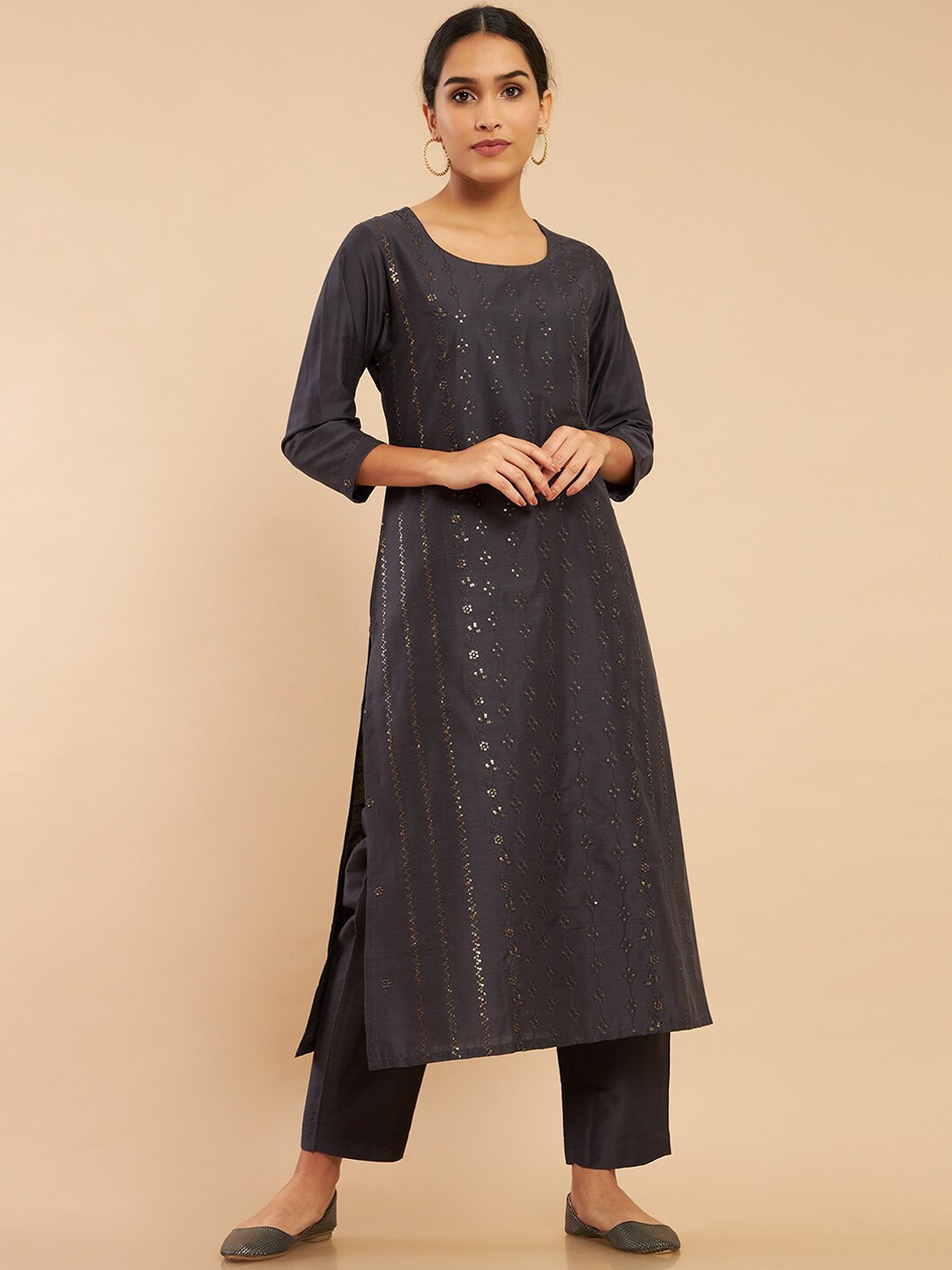 

Soch Women Grey Embroidered Sequinned Kurta with Trousers
