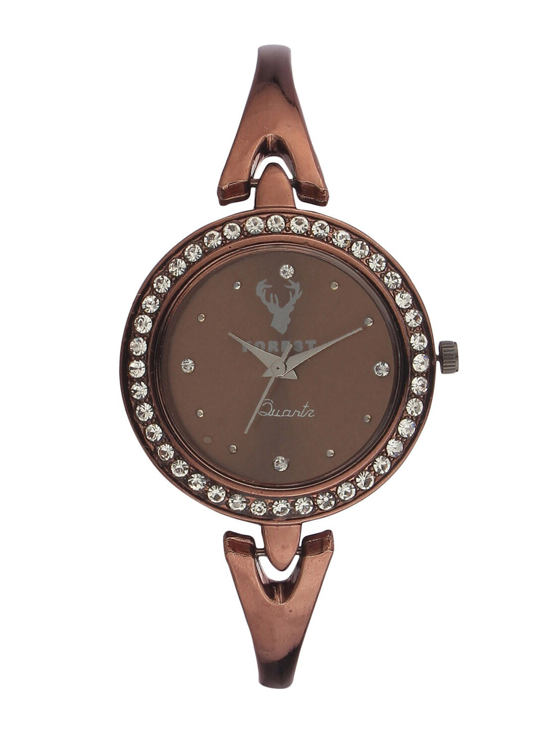 

Hobforestessentials Women White Embellished Dial & Brown Bracelet Style Straps Analogue Watch FR22-249-BR1, Off white