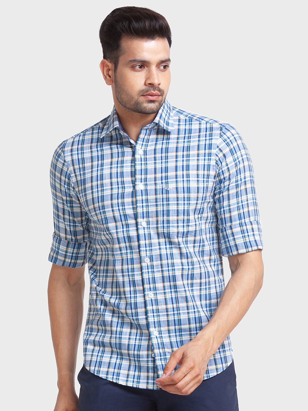 

ColorPlus Men Blue Checked Cotton Casual Shirt
