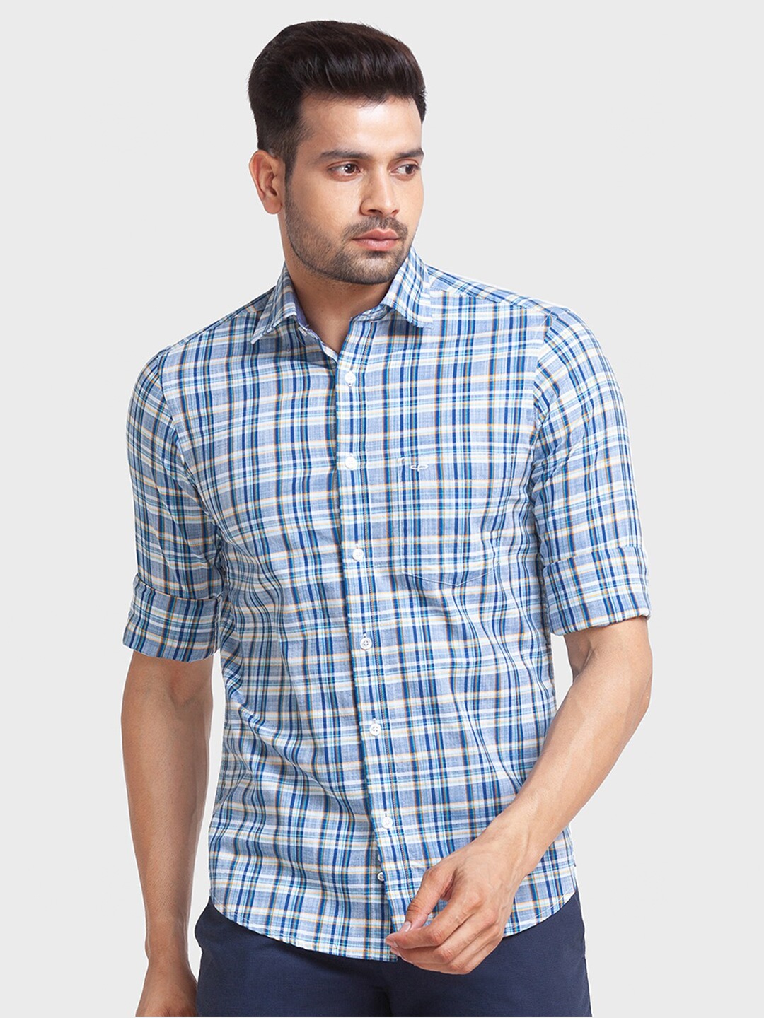 

ColorPlus Men Blue Tailored Fit Tartan Checks Checked Casual Shirt