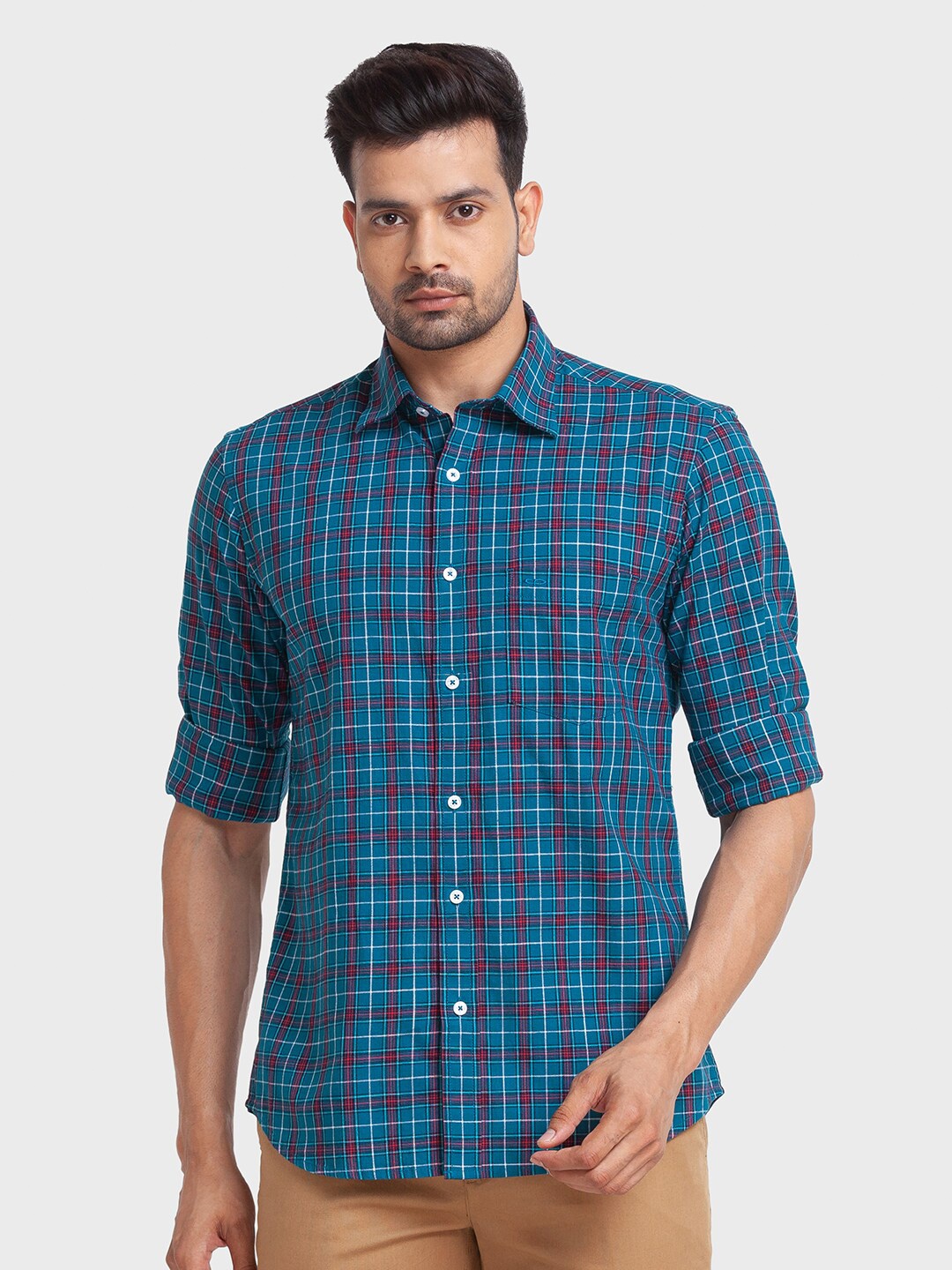 

ColorPlus Men Blue Tailored Fit Tartan Checks Checked Casual Shirt