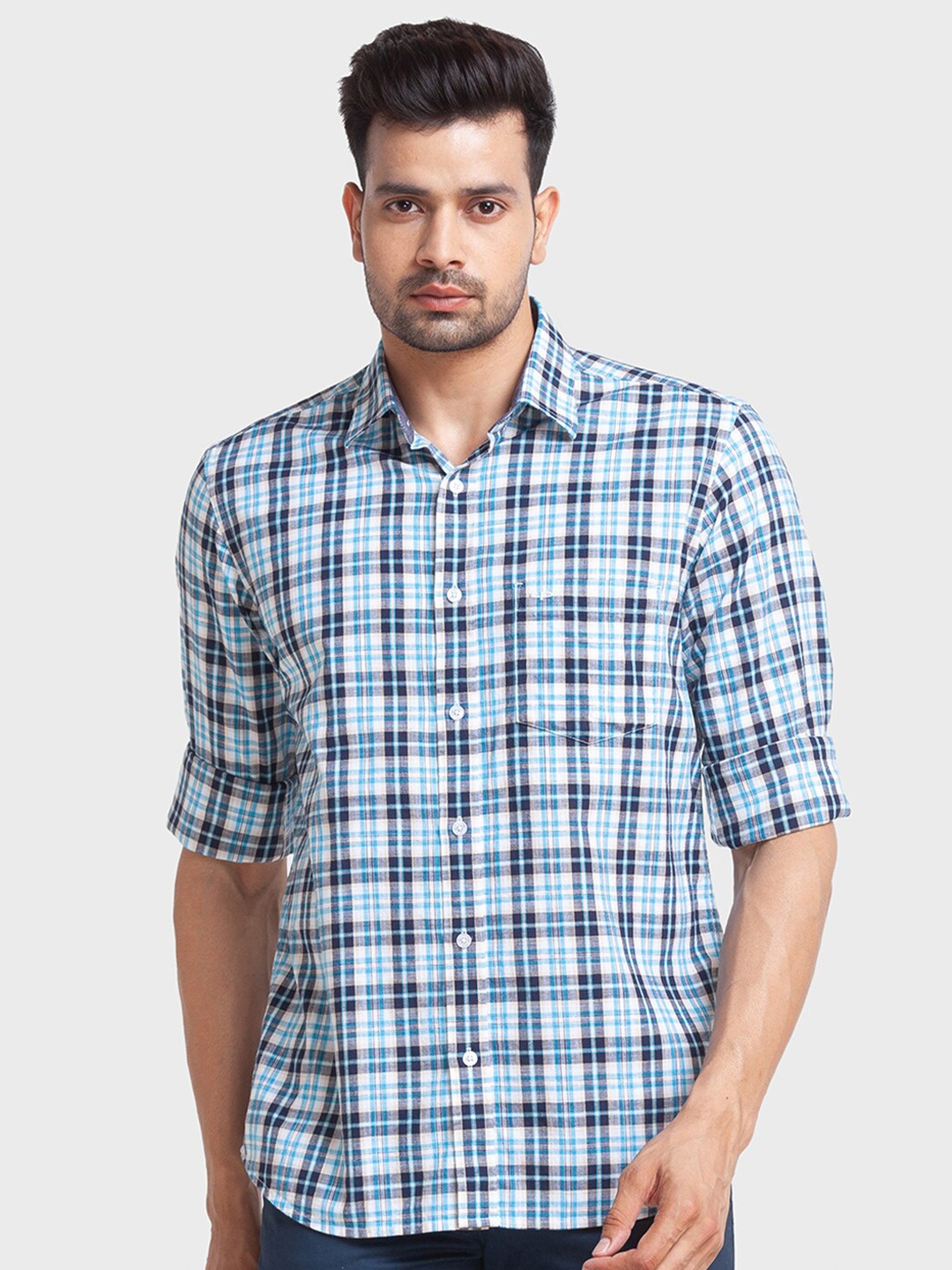 

ColorPlus Men Blue Tailored Fit Tartan Checks Checked Casual Shirt