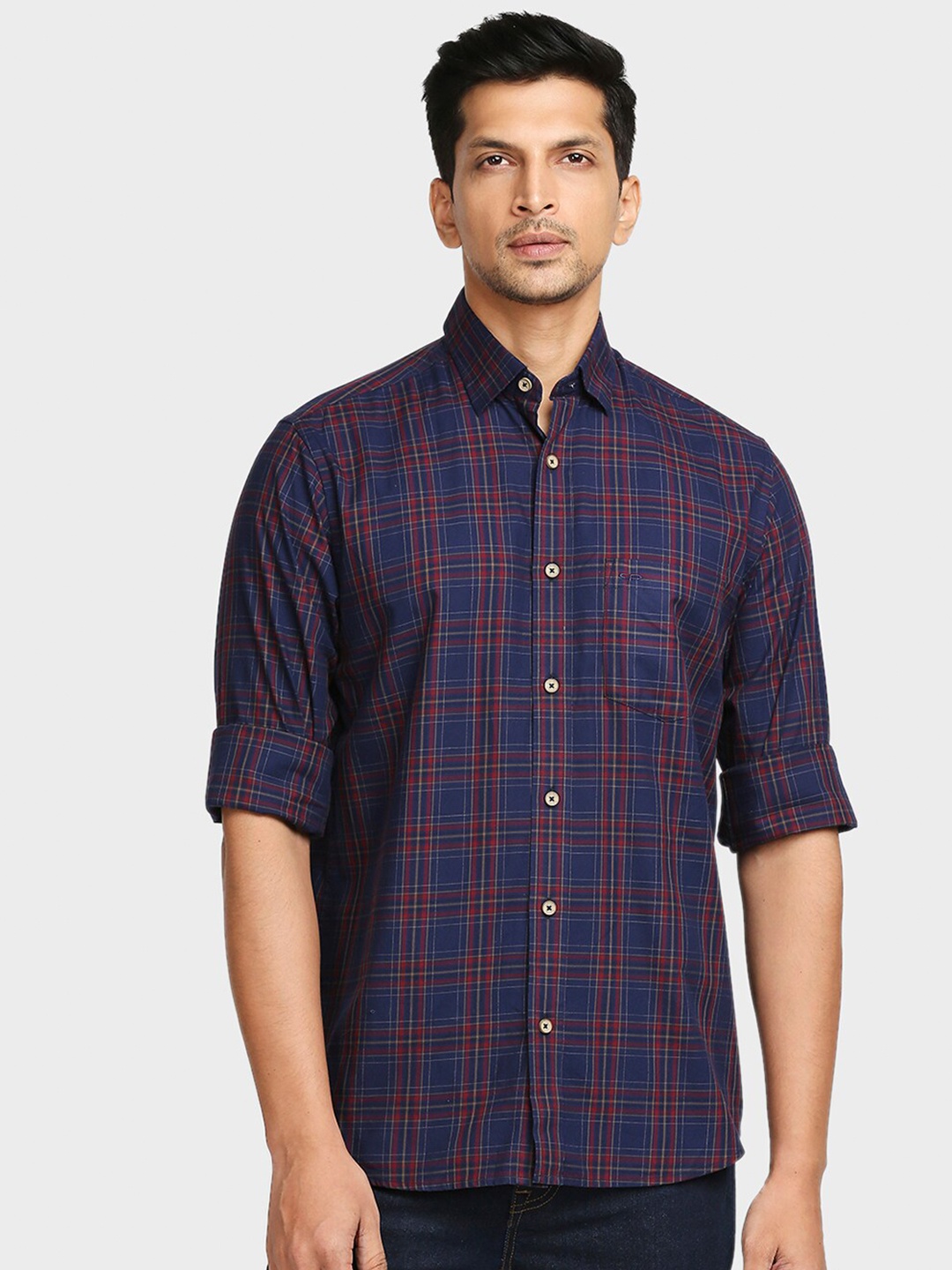 

ColorPlus Men Blue Tailored Fit Checked Casual Shirt