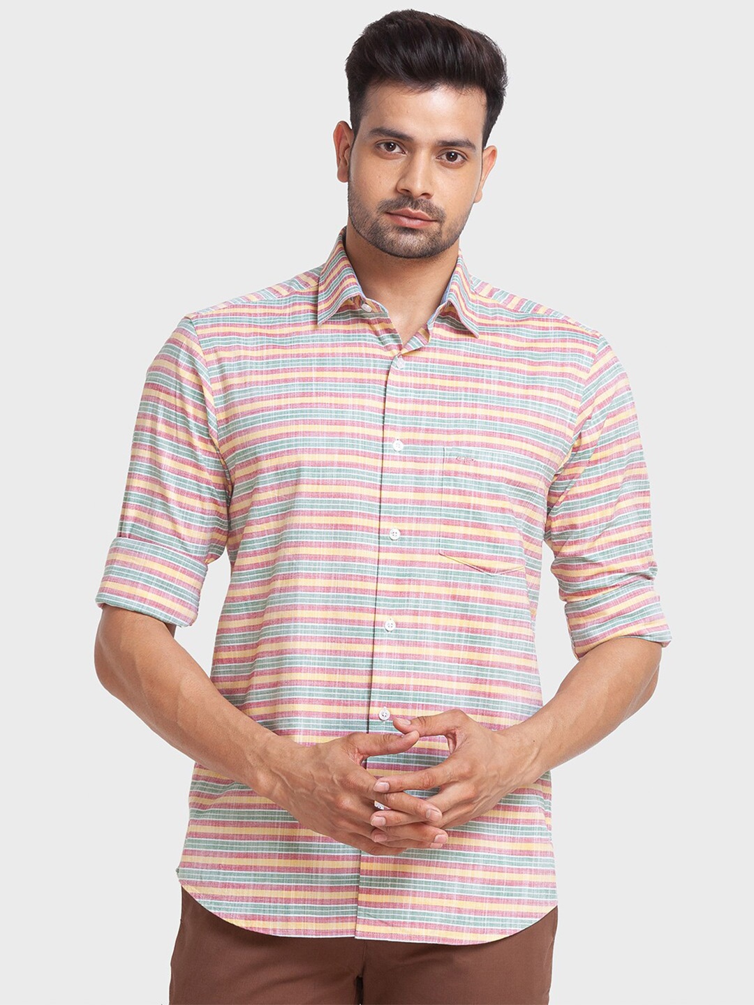 

ColorPlus Men Red Tailored Fit Horizontal Stripes Casual Shirt