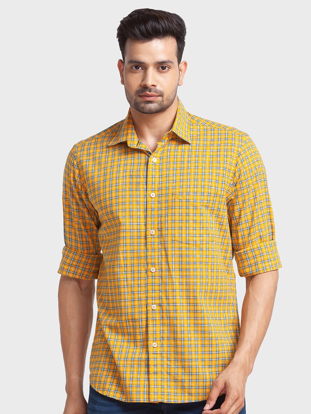

ColorPlus Men Yellow Tailored Fit Checked Casual Shirt