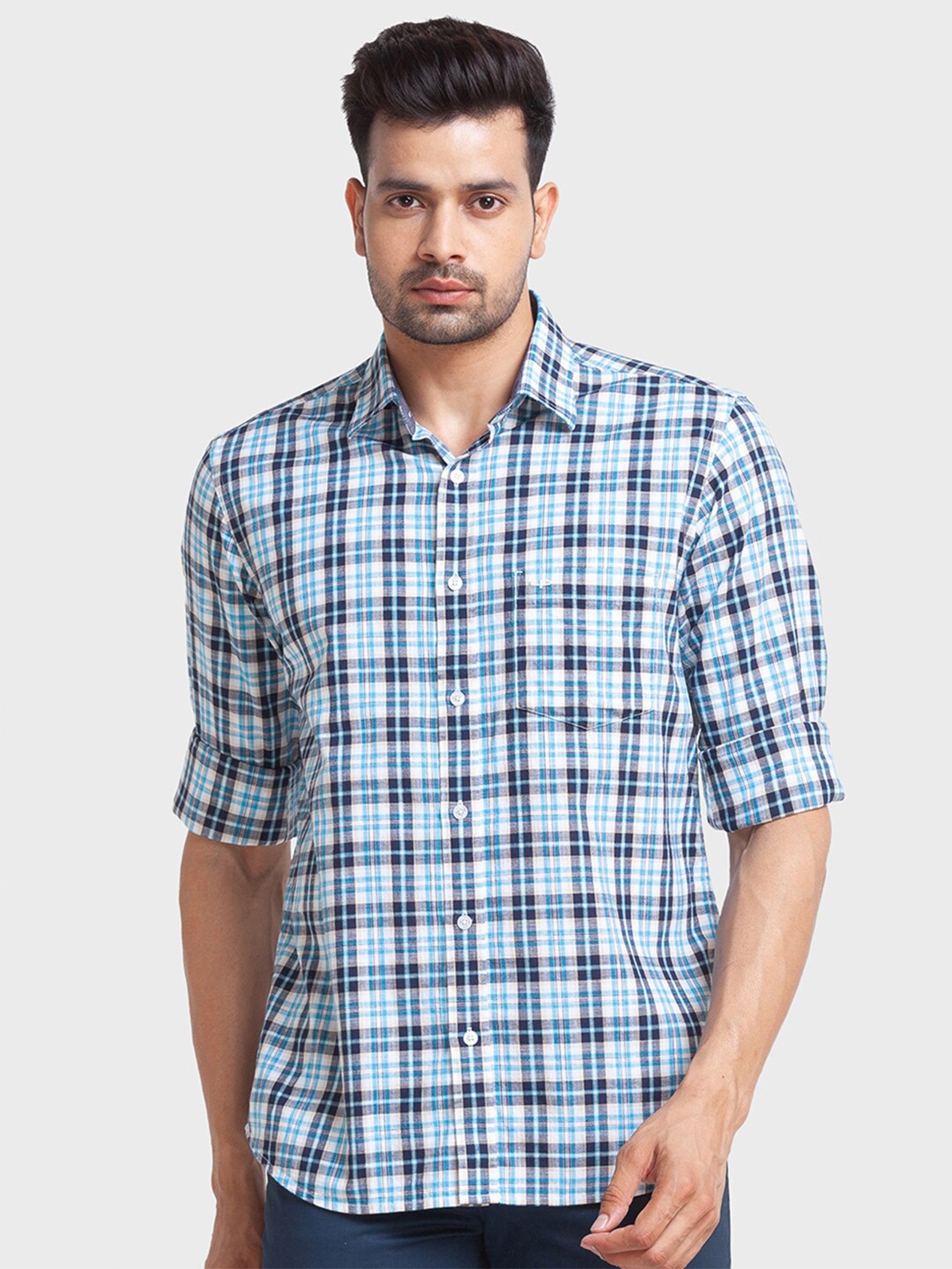 

ColorPlus Men Blue Tailored Fit Tartan Checks Checked Casual Shirt