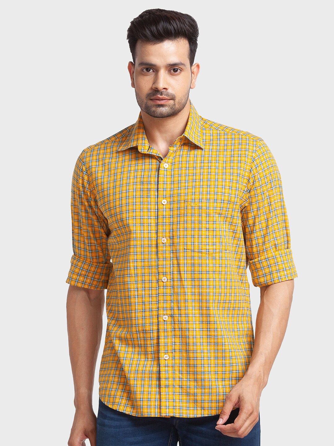 

ColorPlus Men Yellow Tailored Fit Checked Casual Shirt