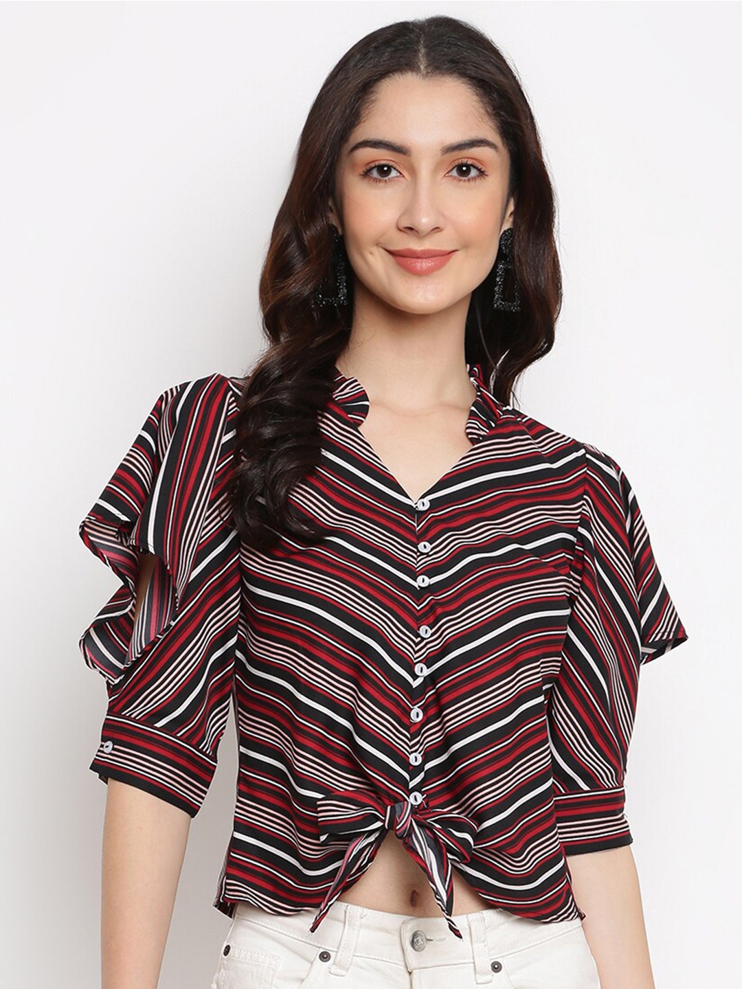 

Latin Quarters Red Geometric Striped V-Neck Collar Bohemian Crop Top with Knot