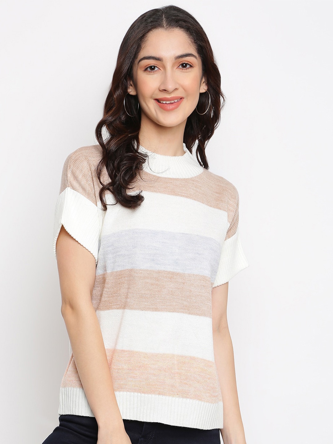 

Latin Quarters Women Peach-Coloured & White Striped Pullover