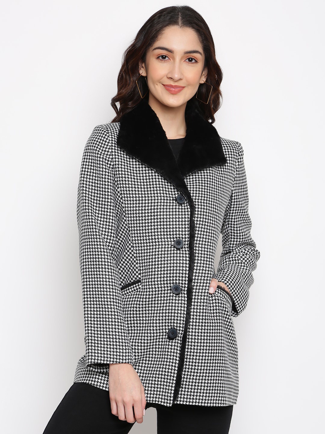 

Latin Quarters Women Black & White Checked Overcoats