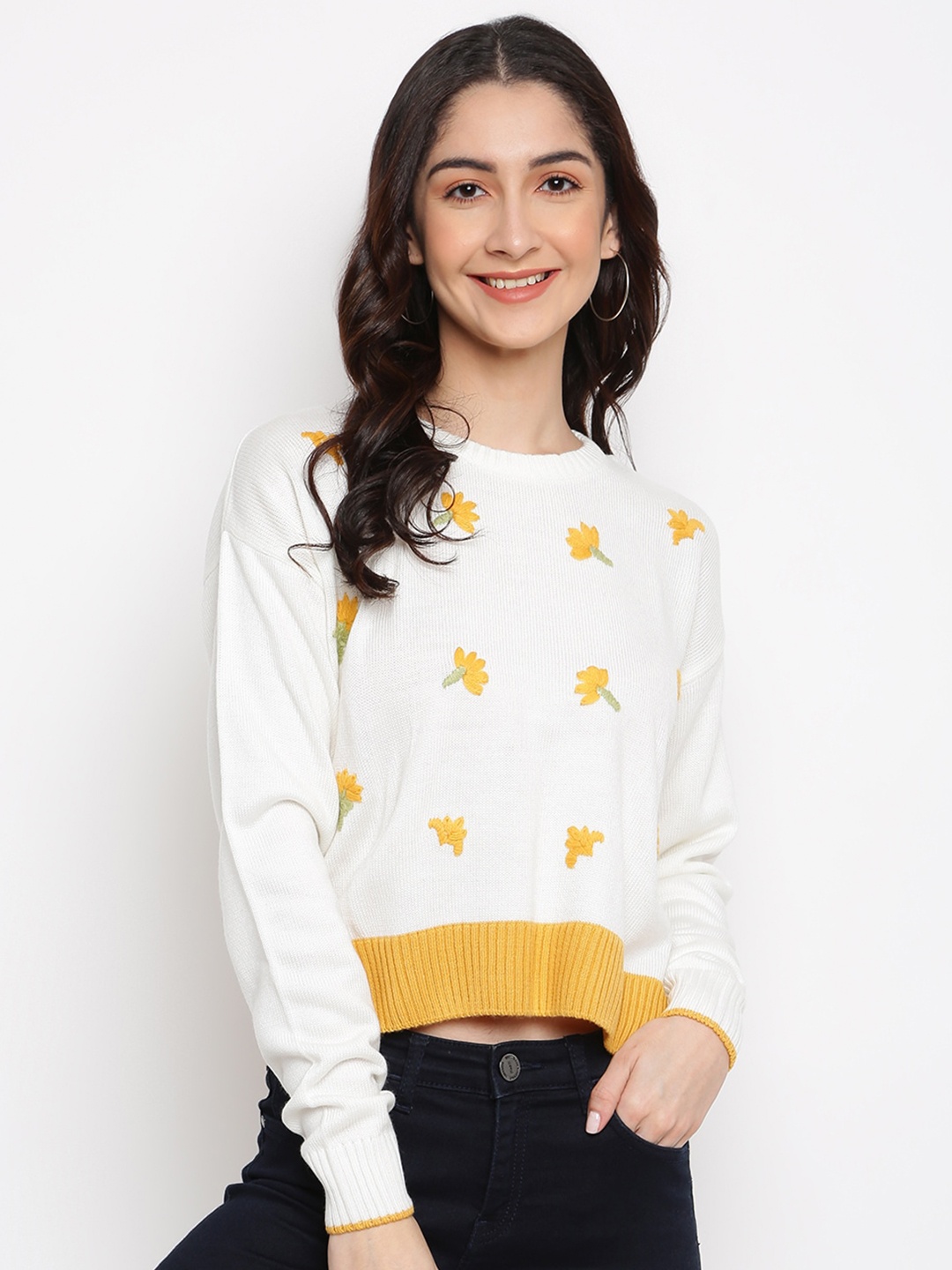 

Latin Quarters Women White Floral Pullover Sweater, Yellow