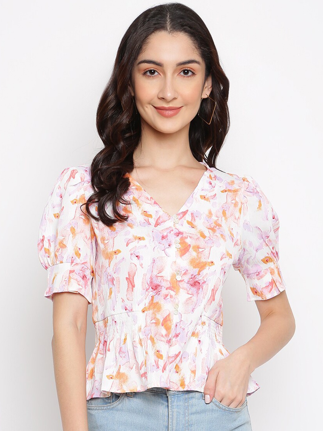 

Latin Quarters White & Purple Floral Print Bohemian Blouson Top