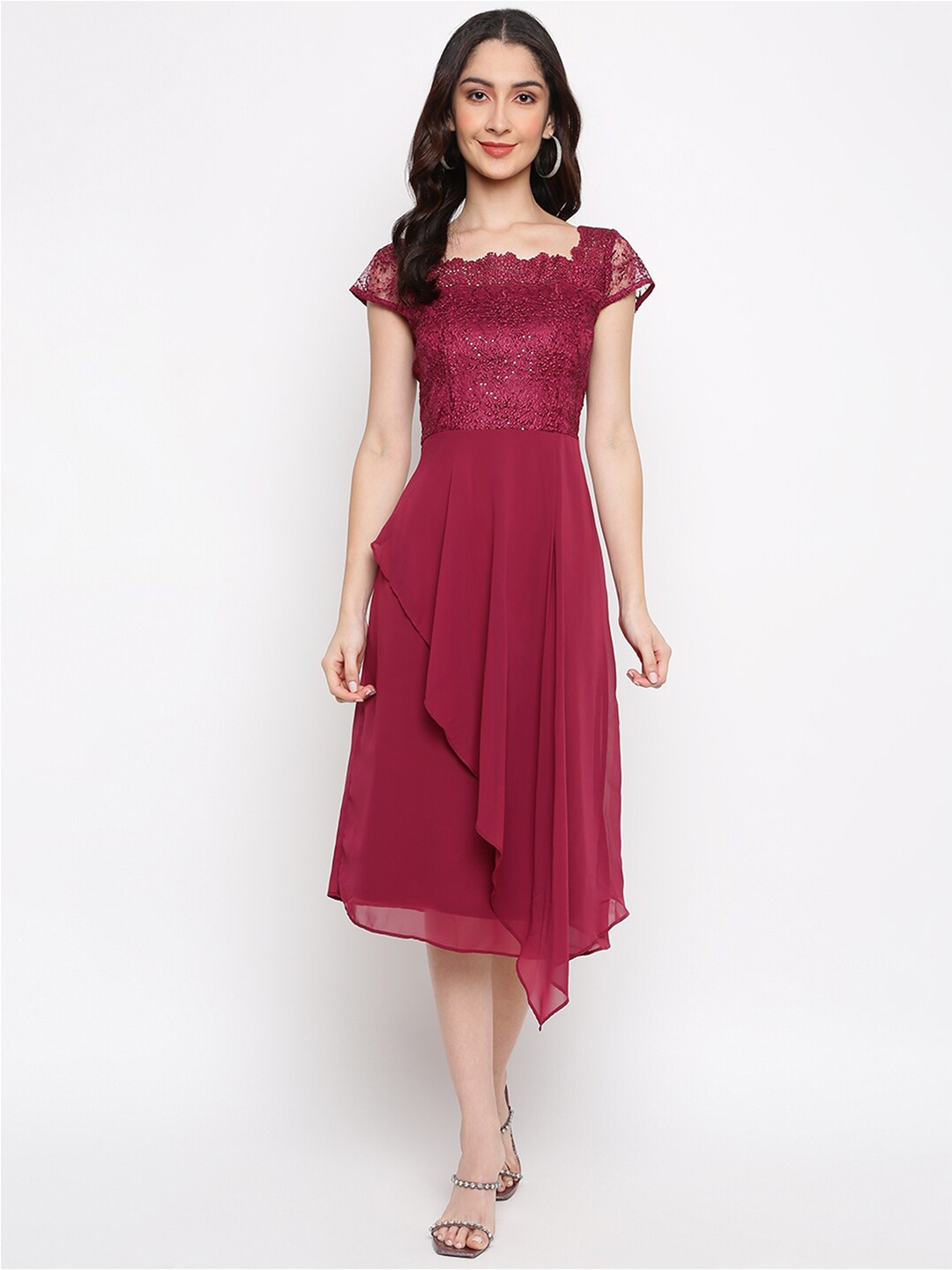 

Latin Quarters Women Maroon Embellished Embroidered Midi Dress