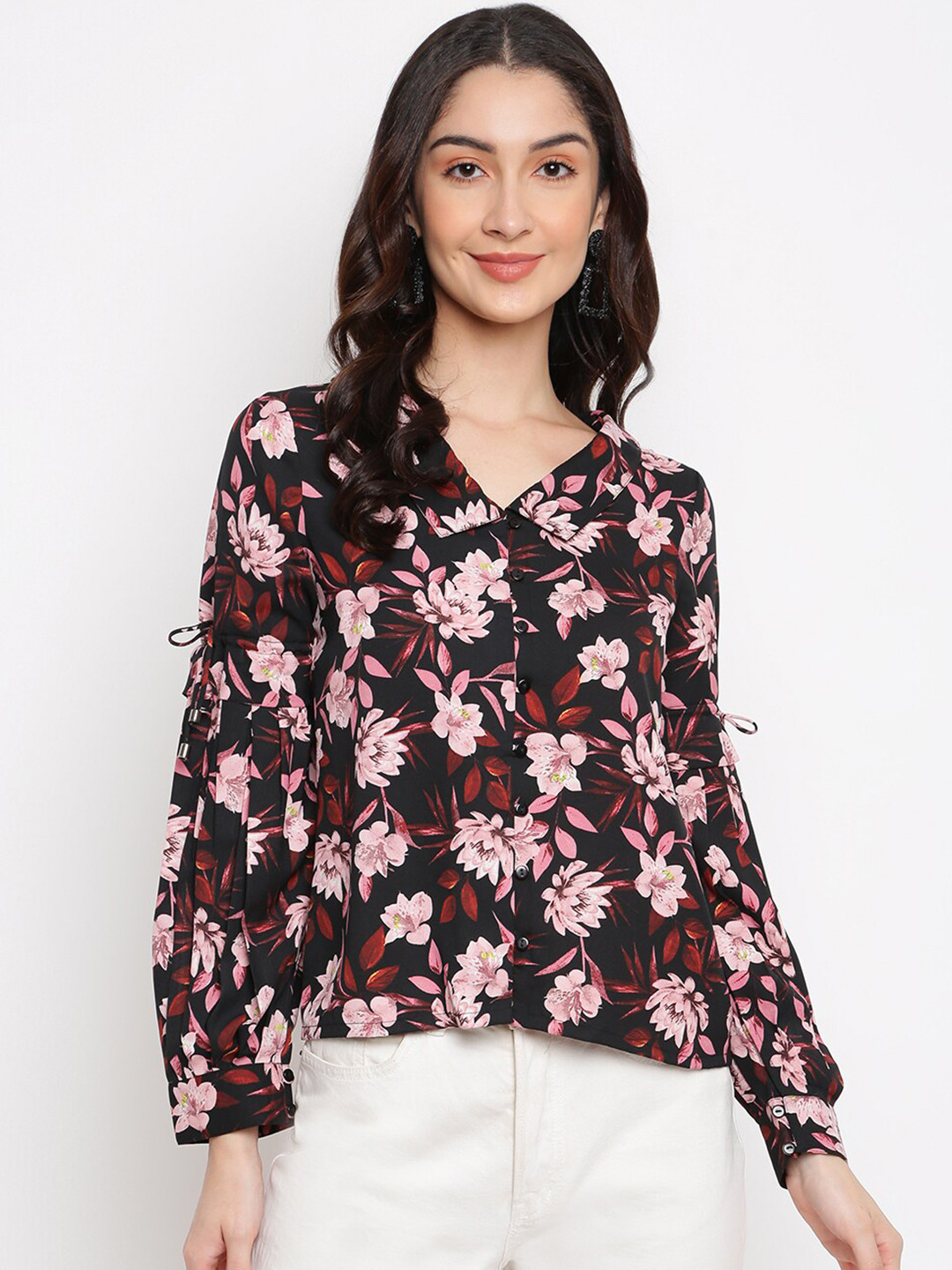 

Latin Quarters Black Floral Print Mandarin Collar Bohemian Top