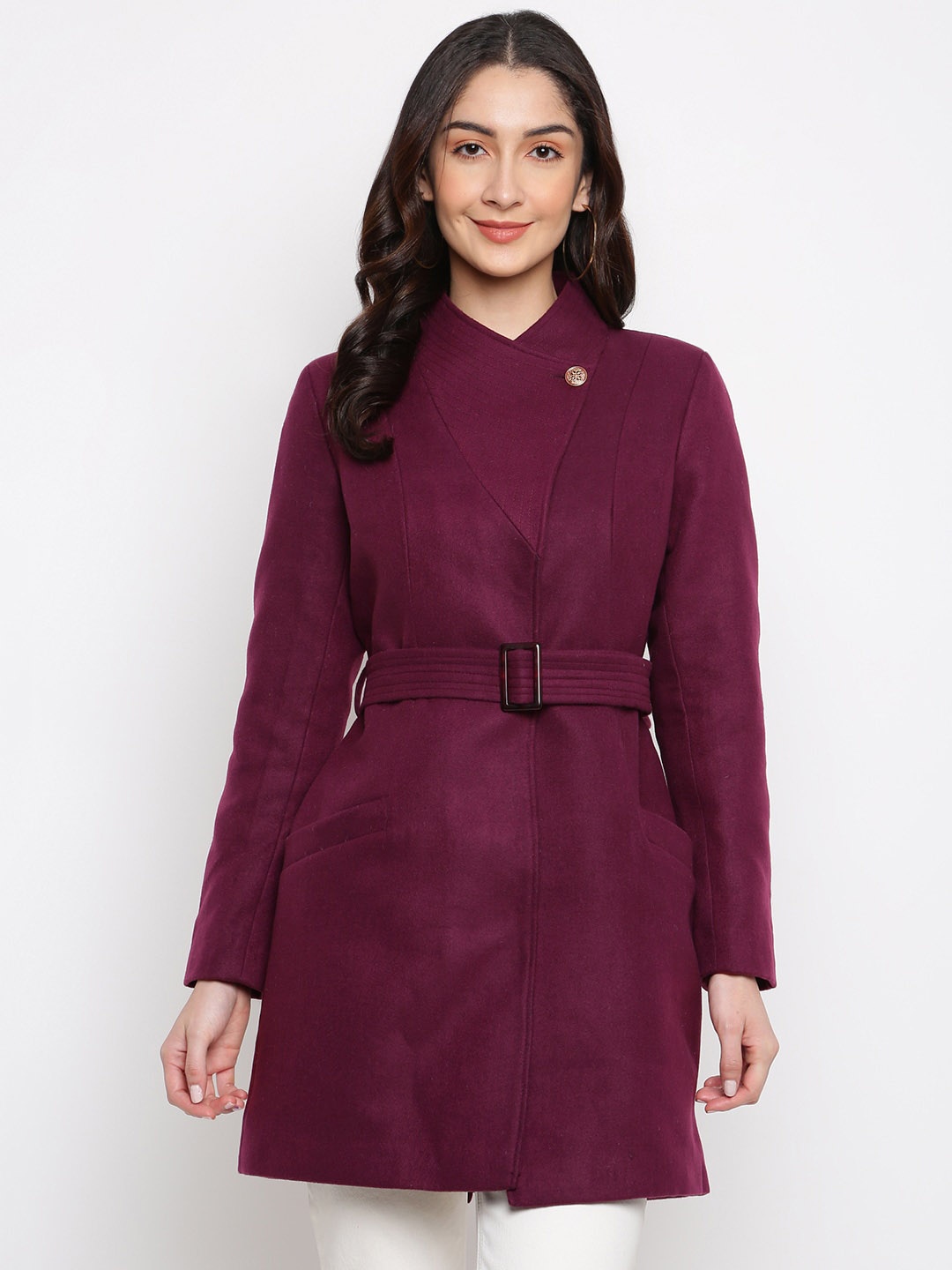 

Latin Quarters Women Burgundy Solid Polyester Coat