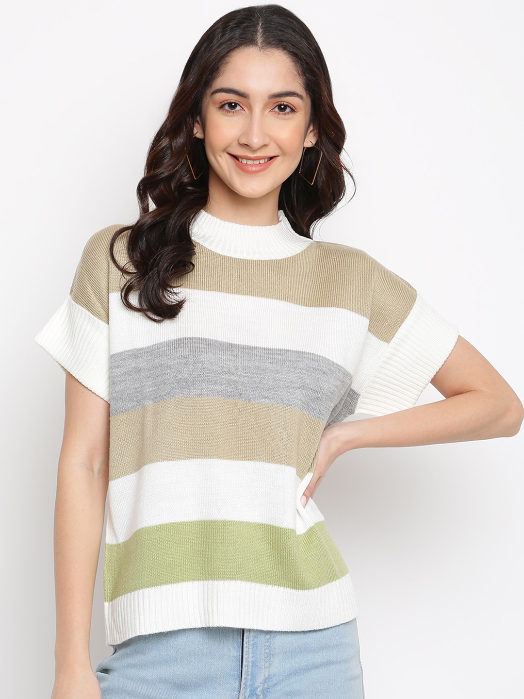 

Latin Quarters Women Green & White Striped Pullover Sweater