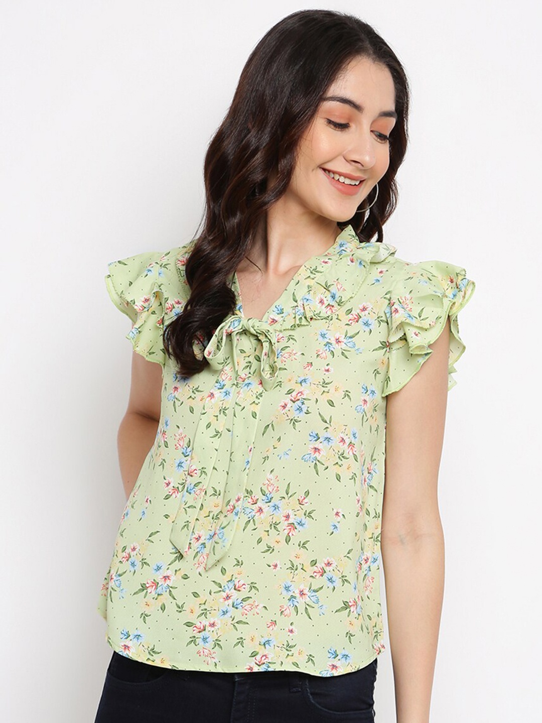 

Latin Quarters Women Green Floral Print Bohemian Top