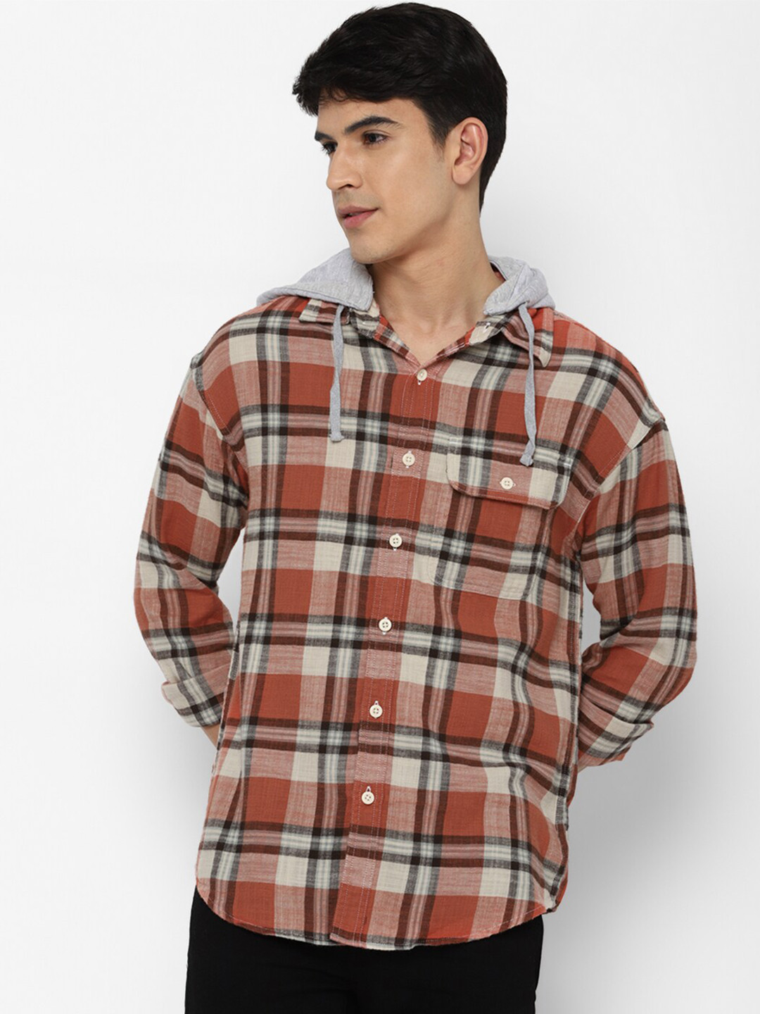 

AMERICAN EAGLE OUTFITTERS Men Rust Tartan Checked Casual Cotton Shirt