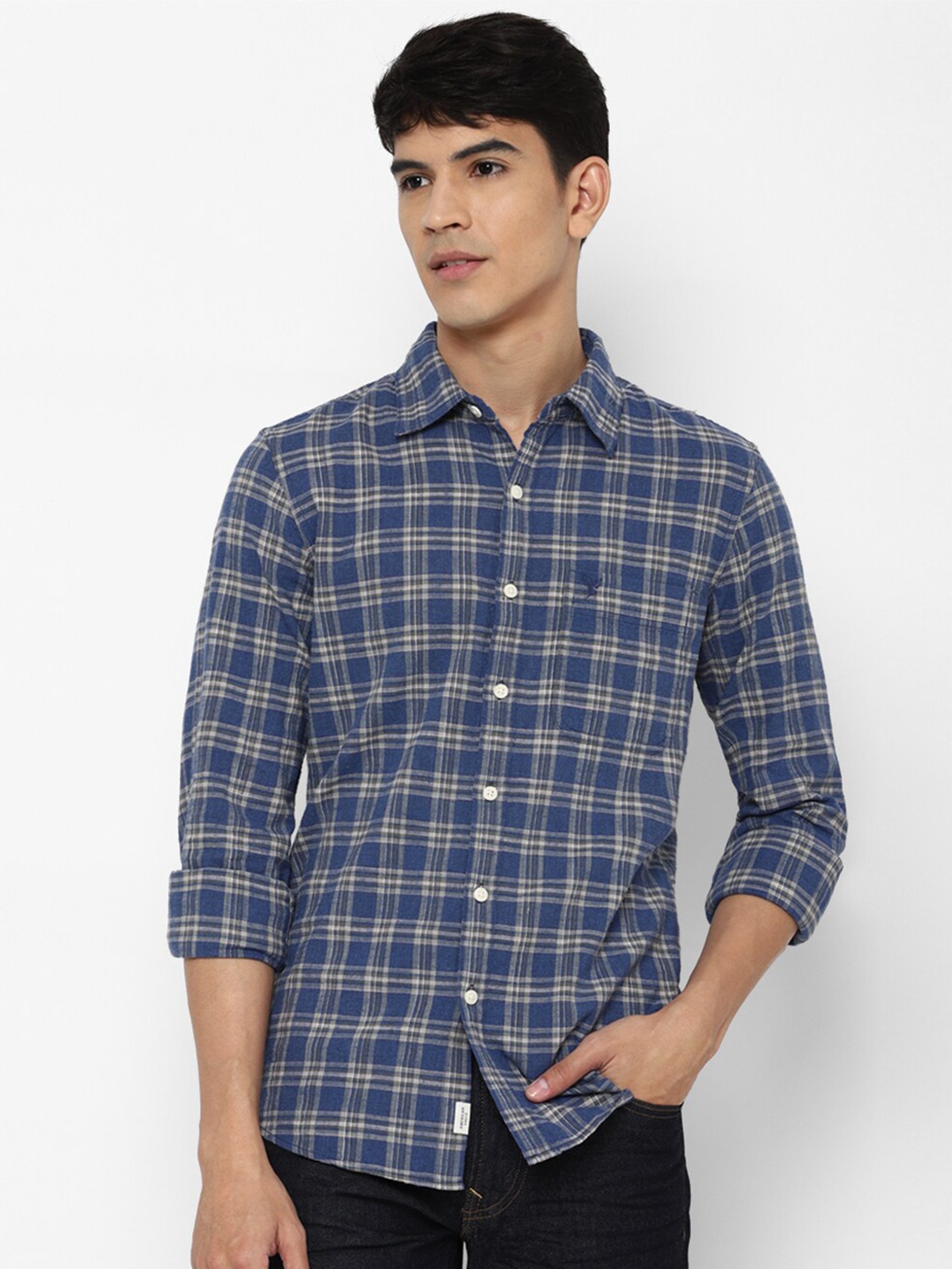 

AMERICAN EAGLE OUTFITTERS Men Blue Cotton Tartan Checked Casual Shirt