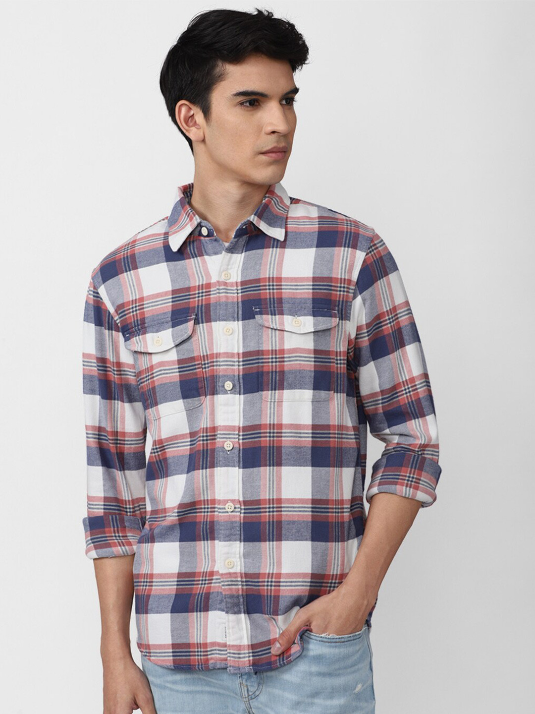 

AMERICAN EAGLE OUTFITTERS Men White Tartan Checks Cotton Casual Shirt
