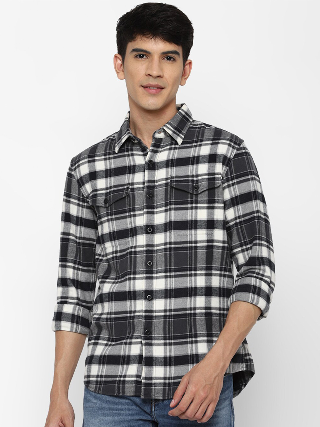 

AMERICAN EAGLE OUTFITTERS Men Grey Tartan Checks Cotton Casual Shirt