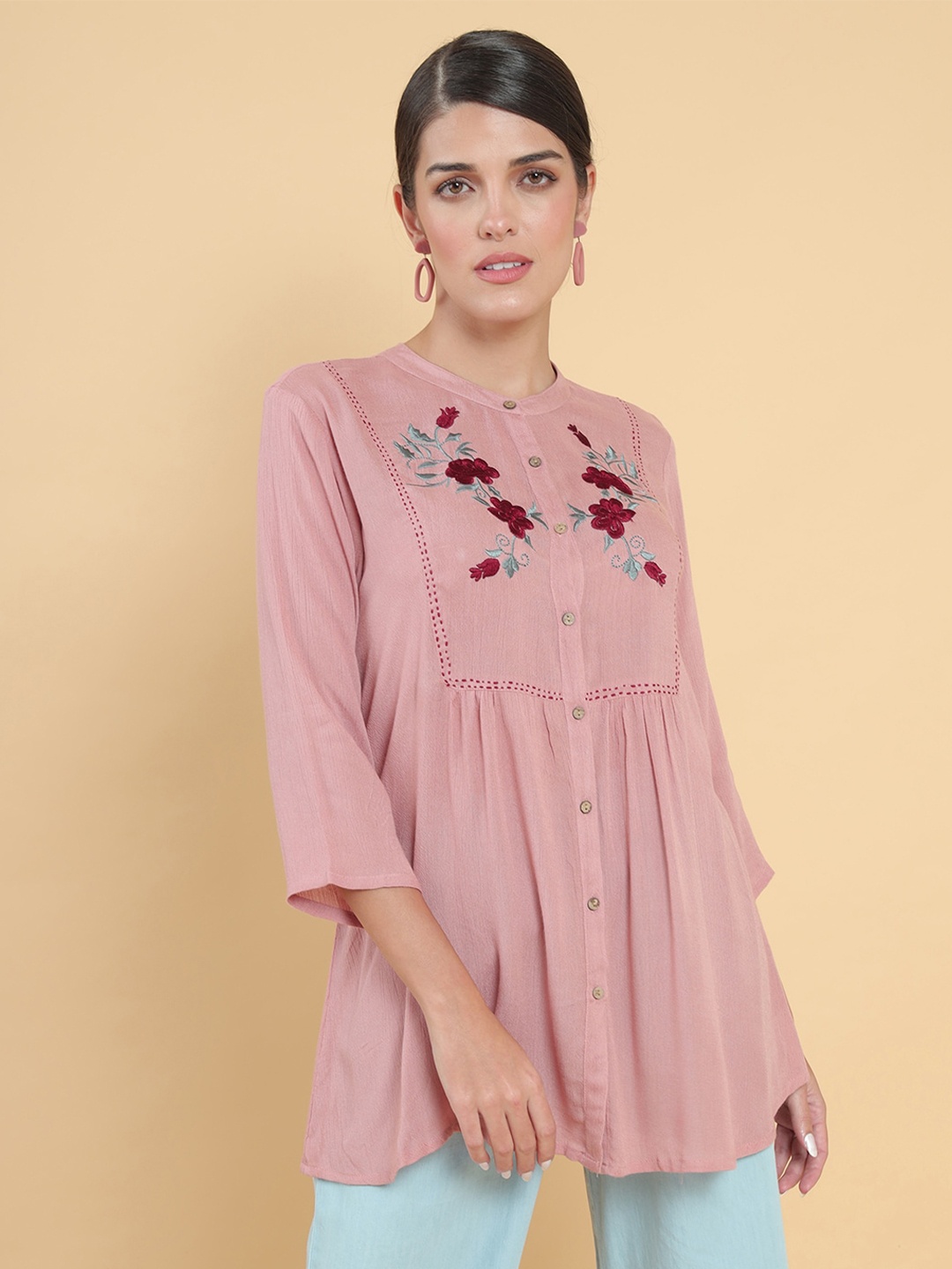 

Soch Women Pink Mandarin Collar Yoke Embroidered Tunic
