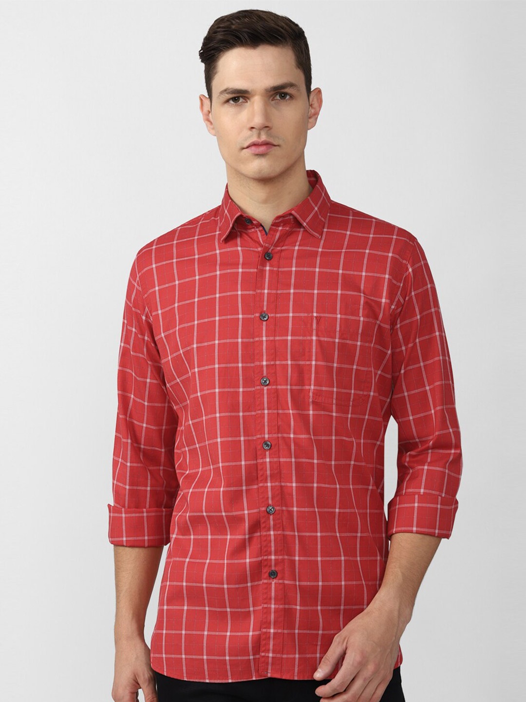 

Van Heusen Sport Men Red Slim Fit Windowpane Checks Casual Shirt