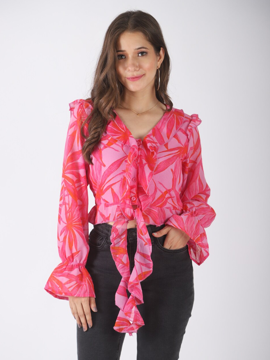

PRETTY LOVING THING Pink & Off White Floral Print Tie-Up Neck Ruffles Chiffon Top