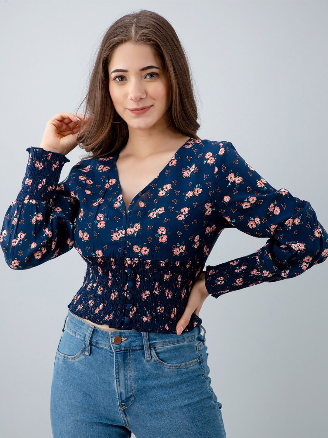 

PRETTY LOVING THING Women Blue Floral Print Cinched Waist Top