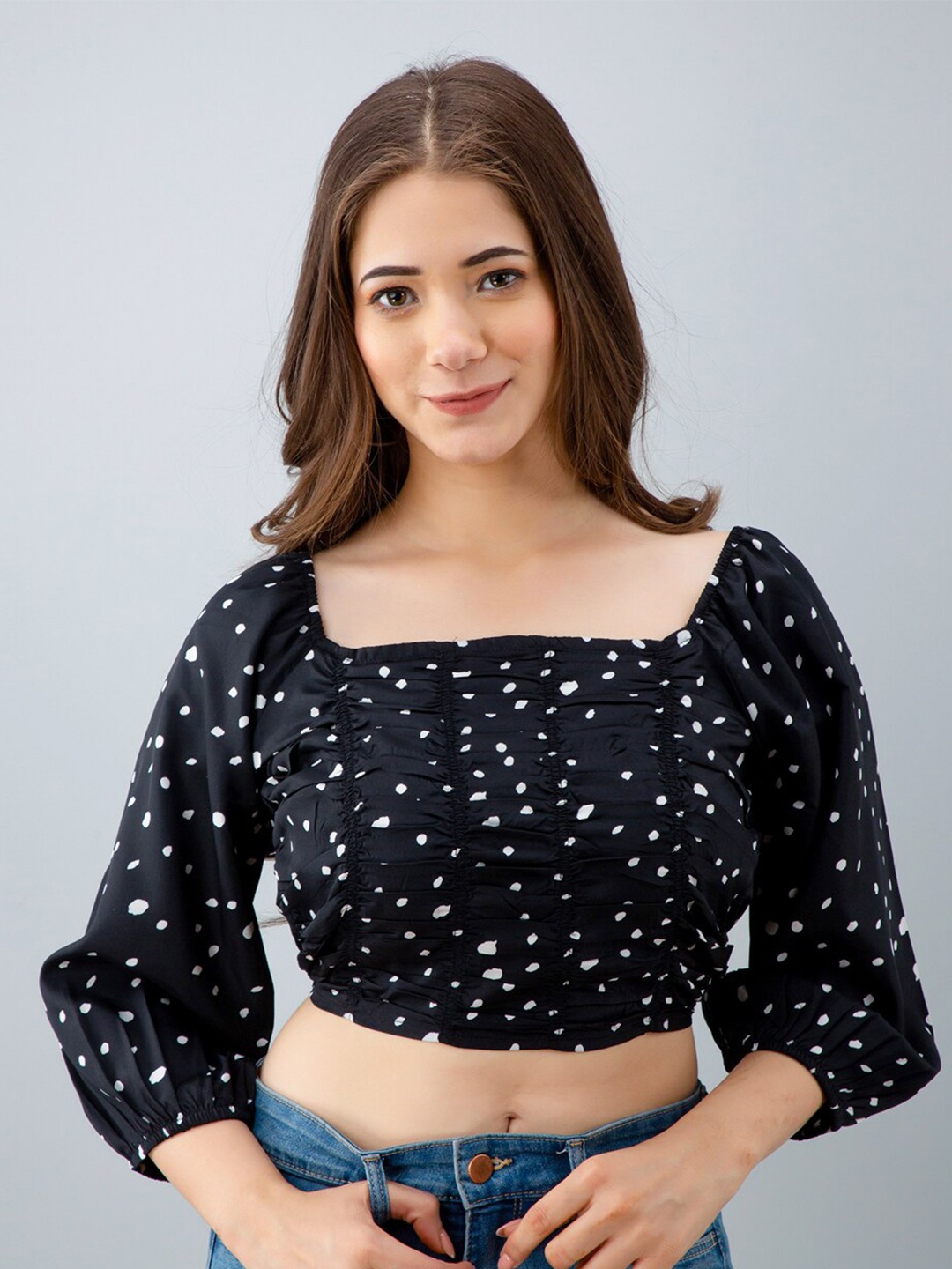 

PRETTY LOVING THING Black Print Blouson Crop Top