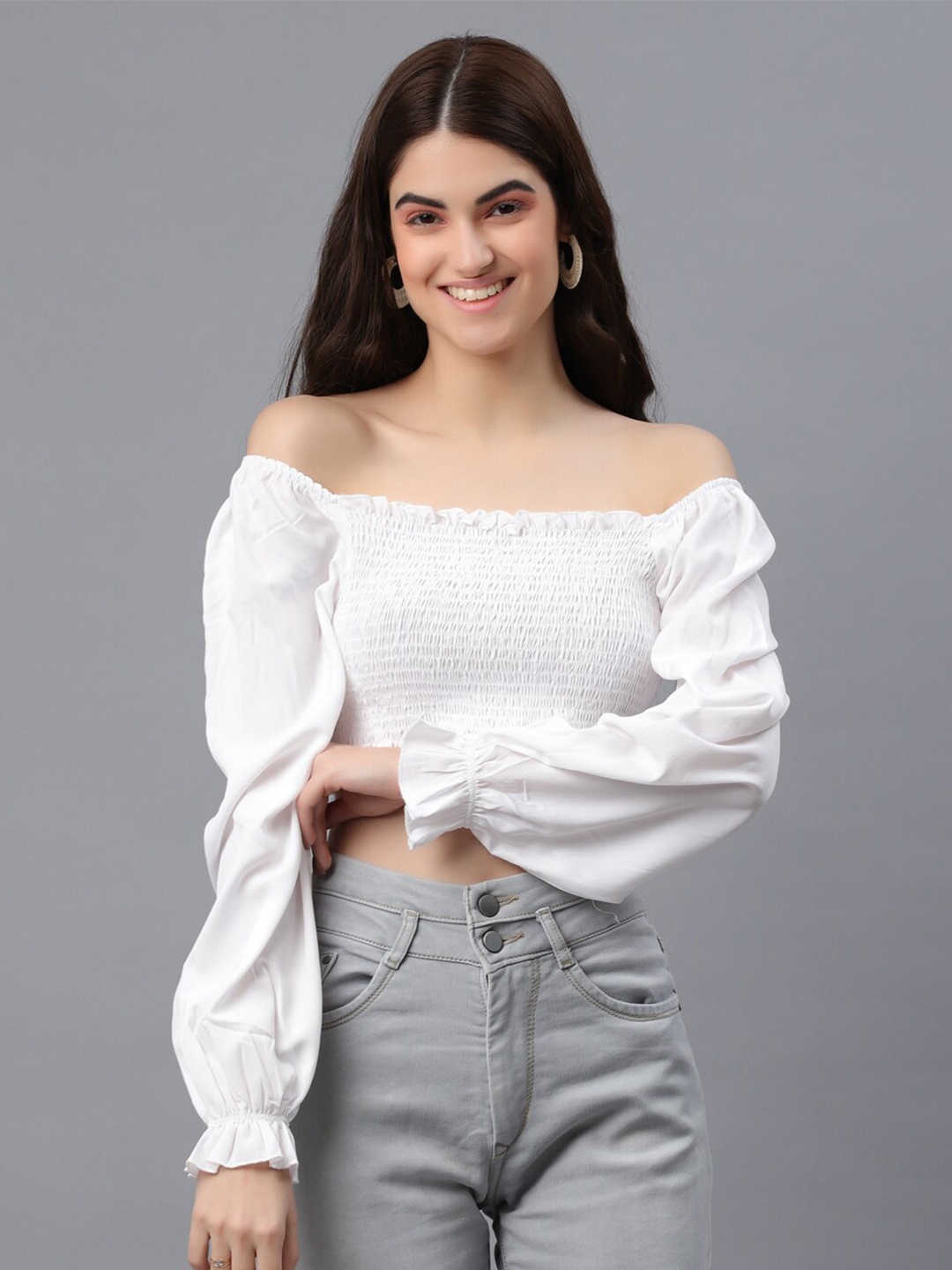 

PRETTY LOVING THING White Off-Shoulder Bardot Crop Top