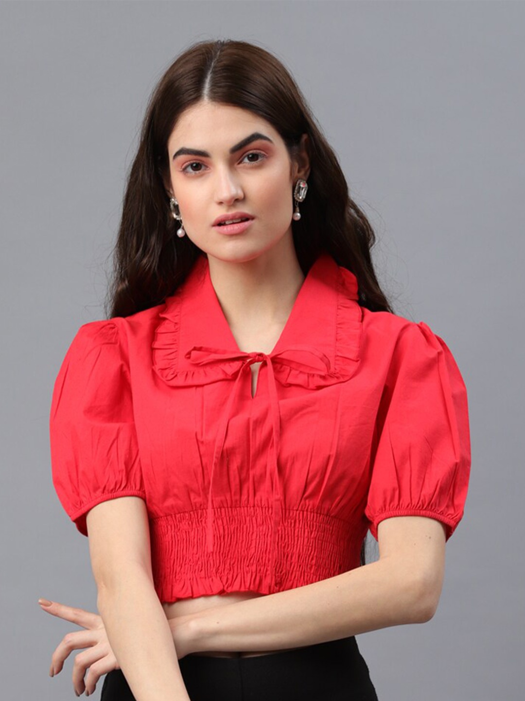 

PRETTY LOVING THING Red Tie-Up Neck Blouson Top