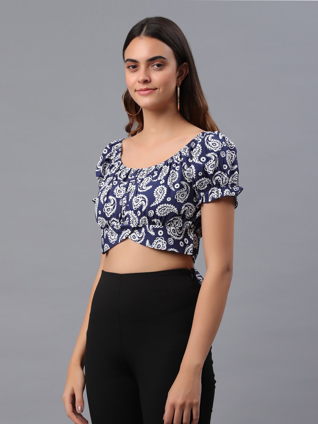 

PRETTY LOVING THING Women Blue Floral Print Blouson Crop Top