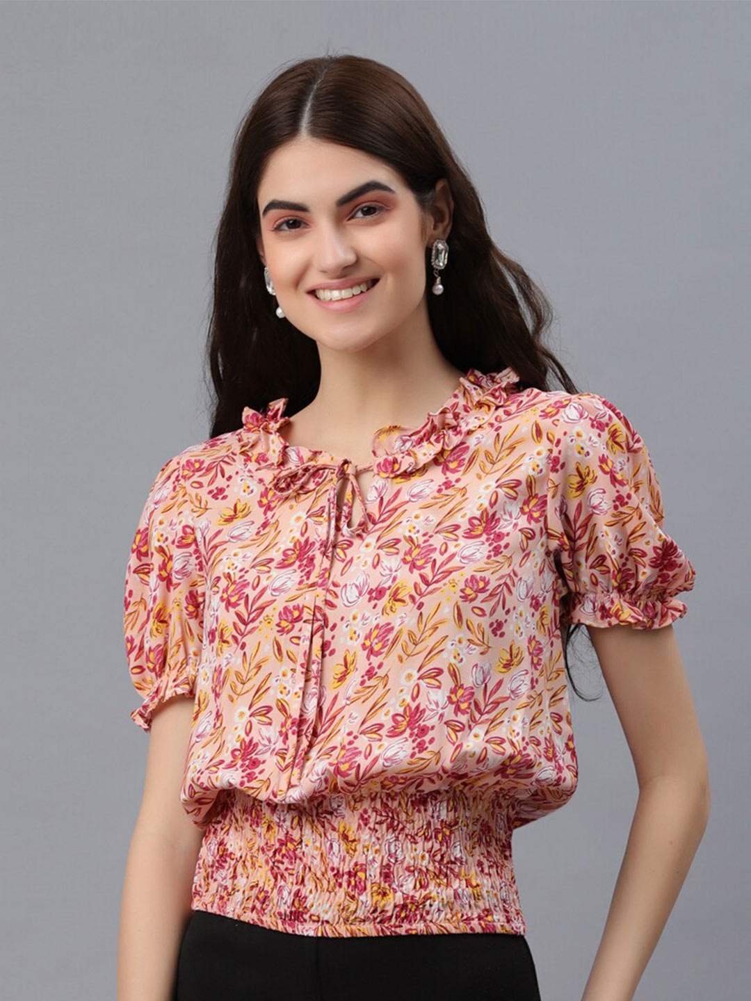 

PRETTY LOVING THING Pink Floral Print Tie-Up Neck Blouson Top