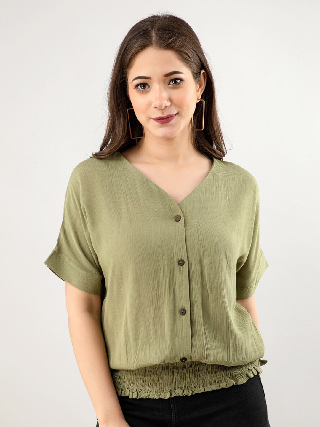 

PRETTY LOVING THING Women Olive Green Solid Extended Sleeves Blouson Top