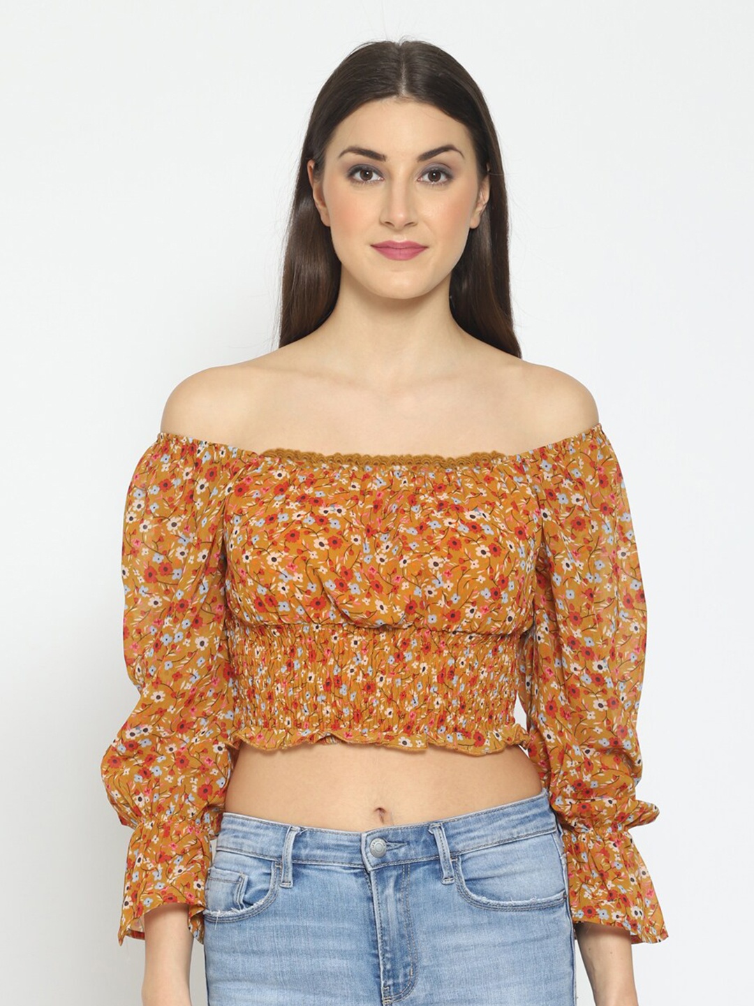 

PRETTY LOVING THING Mustard Yellow Floral Print Off-Shoulder Chiffon Bardot Crop Top