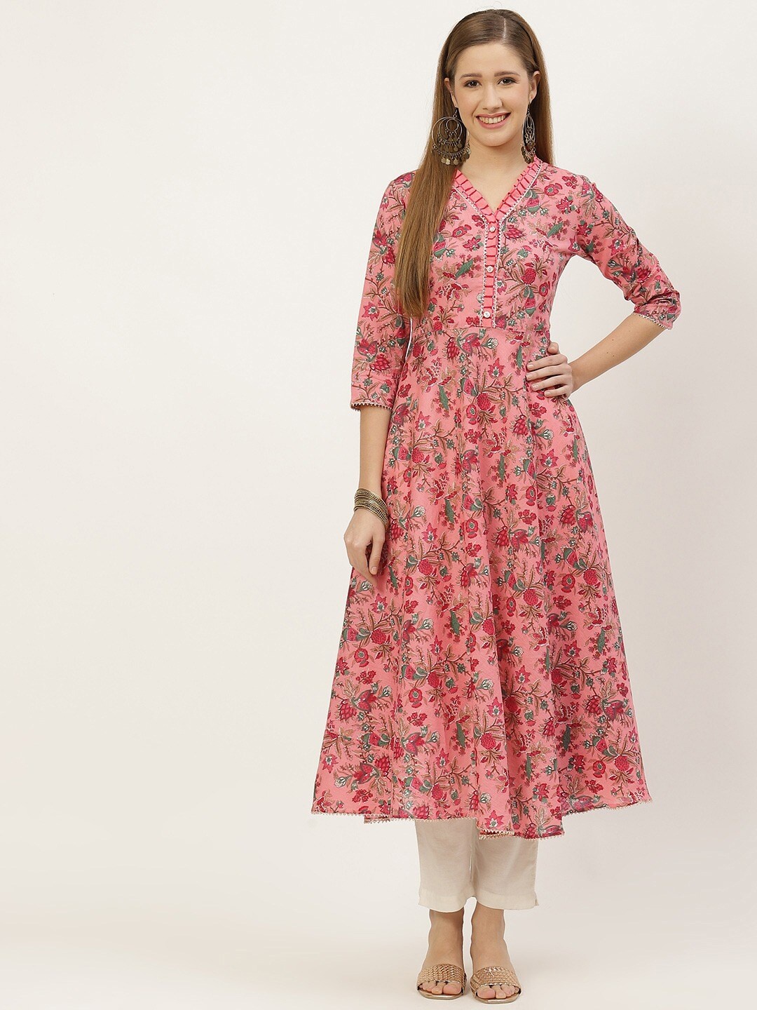 

FABRIC FITOOR Women Pink Floral Printed Floral Anarkali Kurta