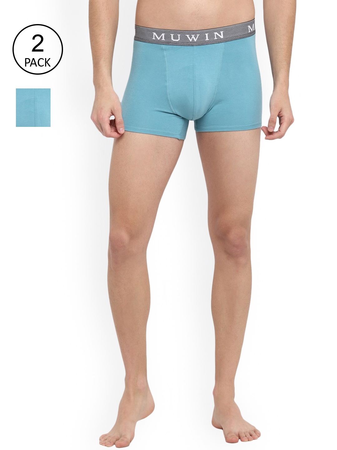 

MUWIN Men Pack of 2 Solid Cotton Trunks, Turquoise blue