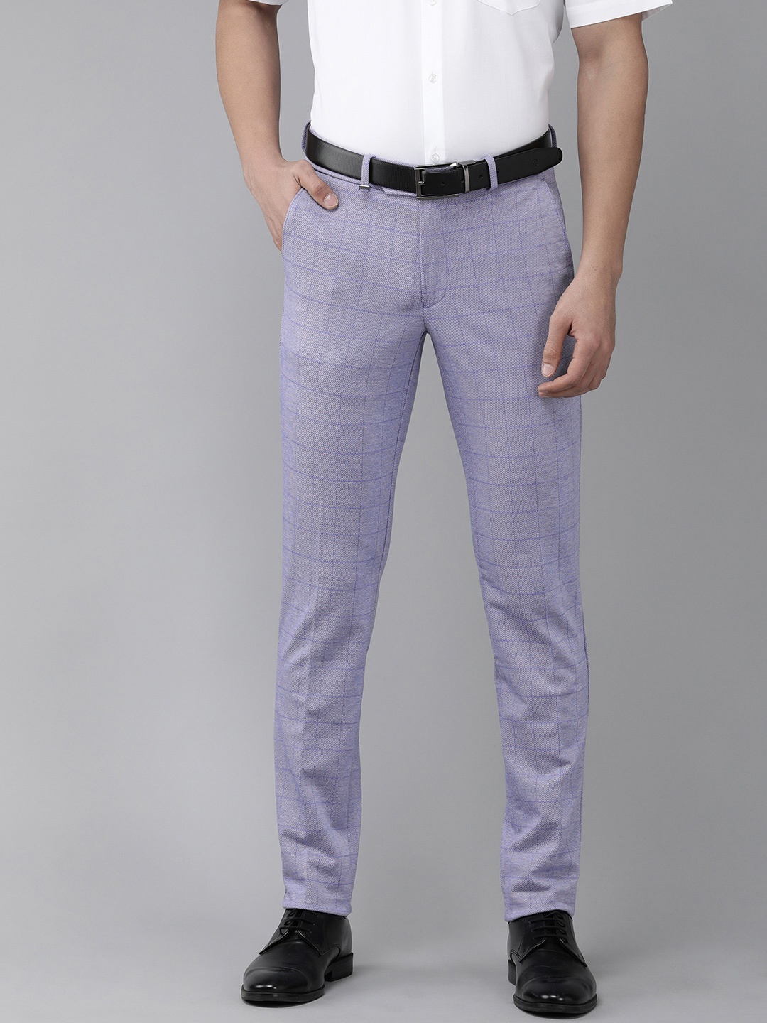 

Van Heusen Men Self-Design Checked Mid-Rise Skinny Fit Trousers, Blue
