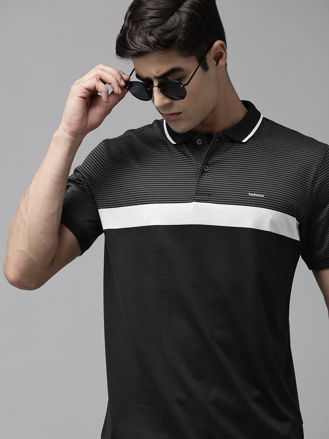 

Van Heusen Men Black Pure Cotton Striped Polo Collar T-shirt