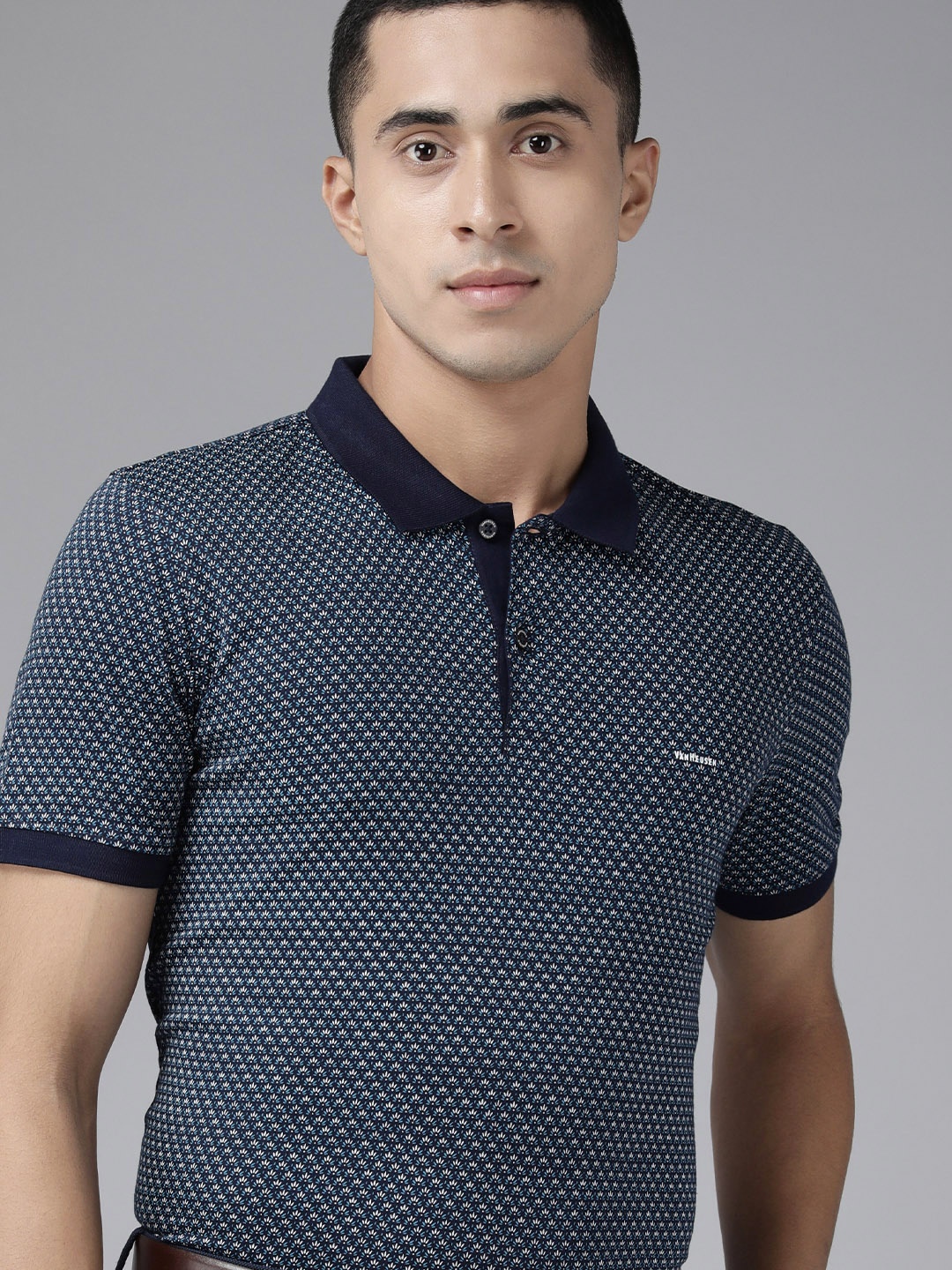 

Van Heusen Men Navy Blue & White Floral Printed Polo Collar Pure Cotton T-shirt