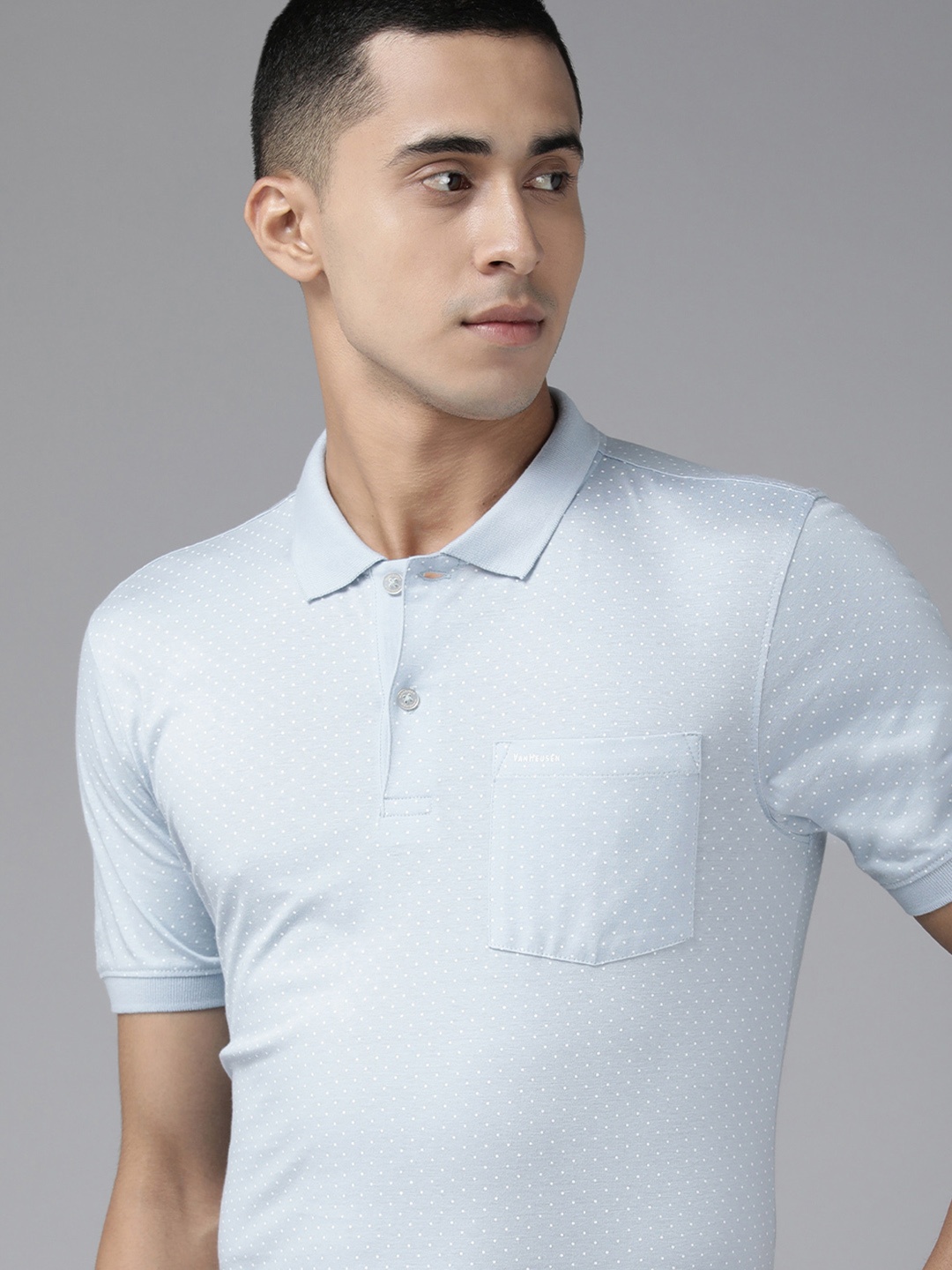 

Van Heusen Men Blue & White Polka Dots Printed Polo Collar Pure Cotton T-shirt With