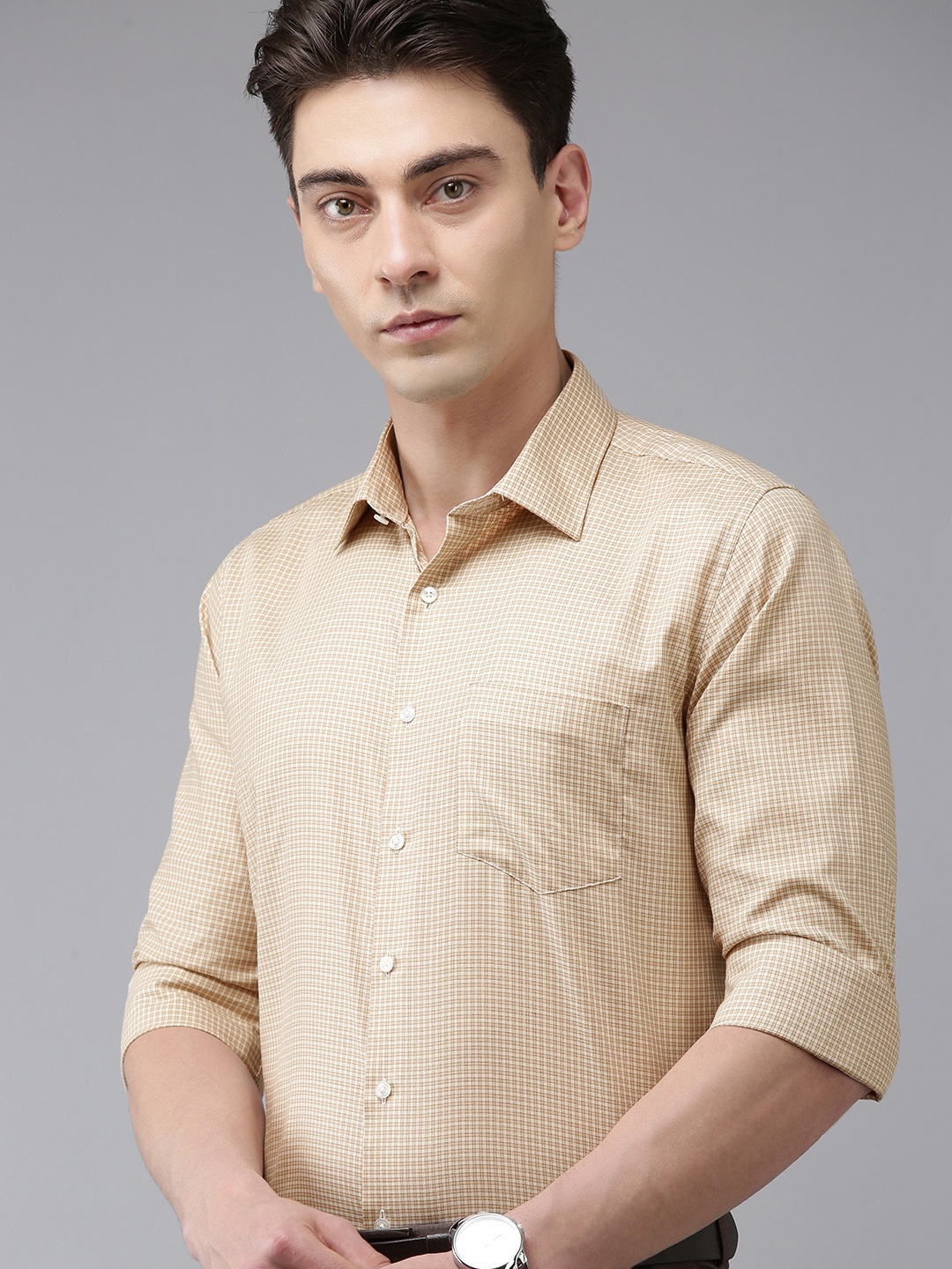 

Van Heusen Men Pure Cotton Slim Fit Checked Formal Shirt, Beige