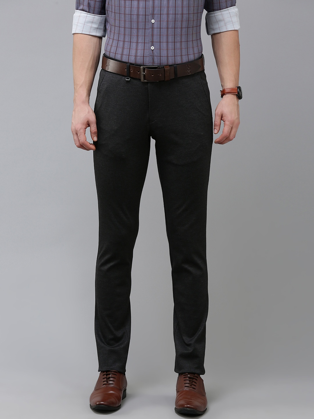 

Van Heusen Men Textured Self Design Skinny Fit Mid-Rise Knitted Flat-Front Formal Trousers, Charcoal