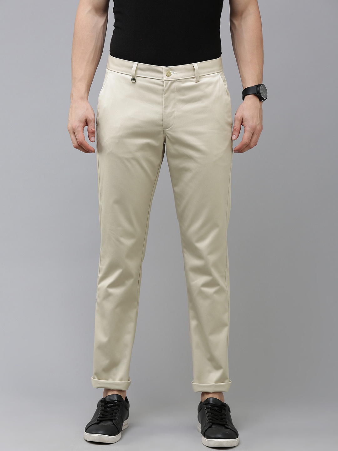 

Van Heusen Men Solid Slim Fit Mid-Rise Plain Woven Flat-Front Trousers, Beige