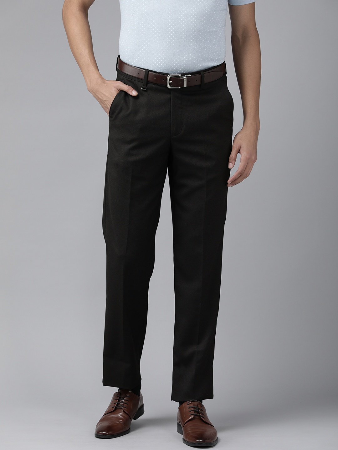 

Van Heusen Men Brown Textured Low-Rise Formal Trousers