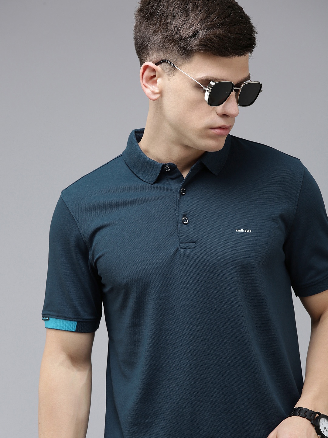 

Van Heusen Men Brand Logo Detail Polo Collar T-shirt, Navy blue