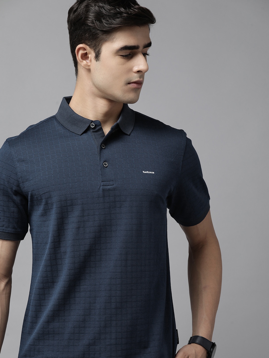 

Van Heusen Men Navy Blue Pure Cotton Self-Checked Polo Collar Pure Cotton T-shirt