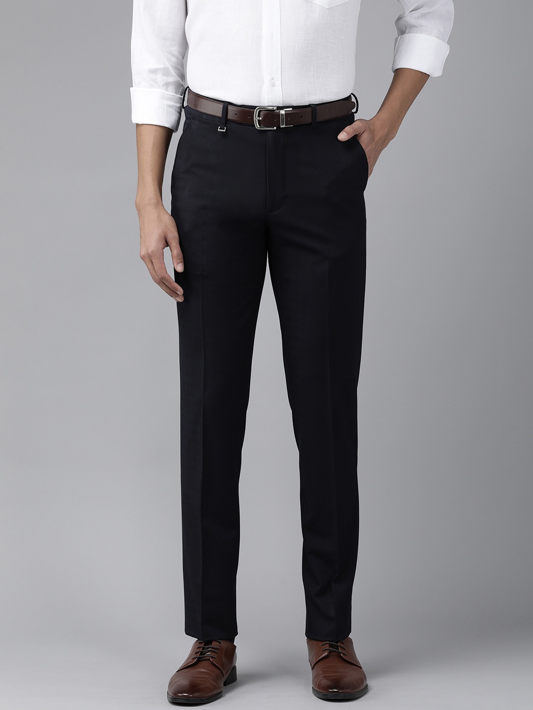 

Van Heusen Men Navy Blue Striped Slim Fit Formal Trousers
